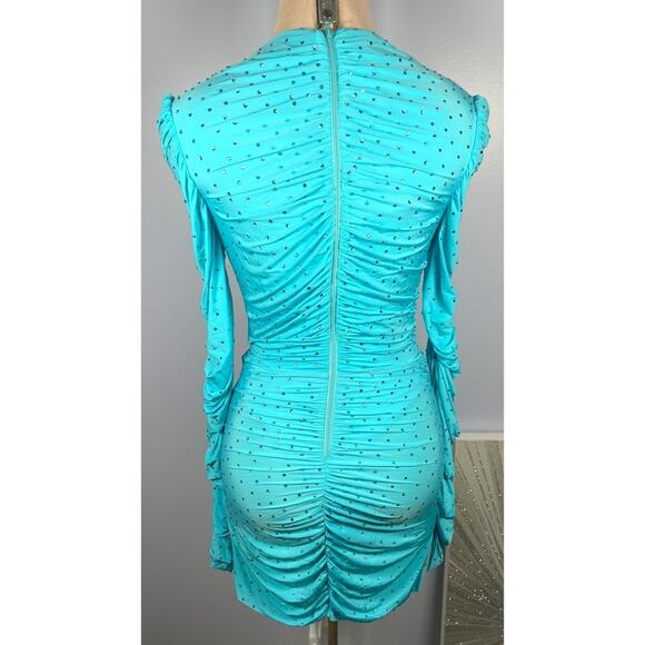 Alex Perry Crystal Embellished Ruched Jersey Long Sleeve Blue Mini Dress Sz 4 - Picture 11 of 15